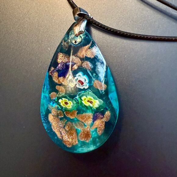 Handmade Jewelry - Light Blue Sparkly Artisan Millefiori Faceted Glass Pendant